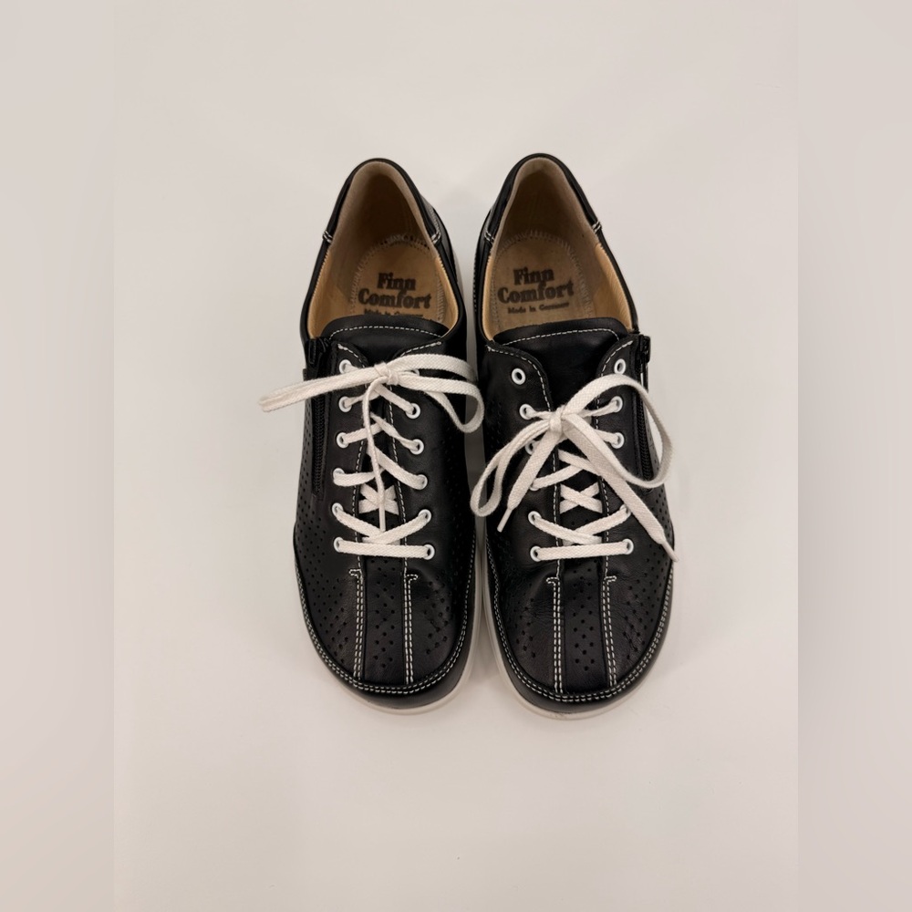 Finn Comfort Black Leather Sneakers Comfort Walking Shoes Lace-Up Perforated - Picture 15 of 16